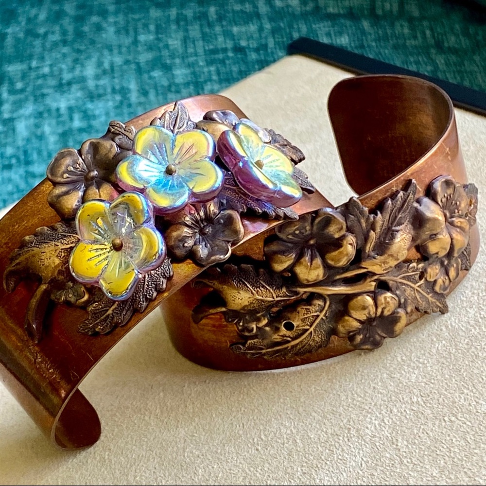 Rare Set of Two Handmade Antiqued Brass Cuff Beaded Bracelets